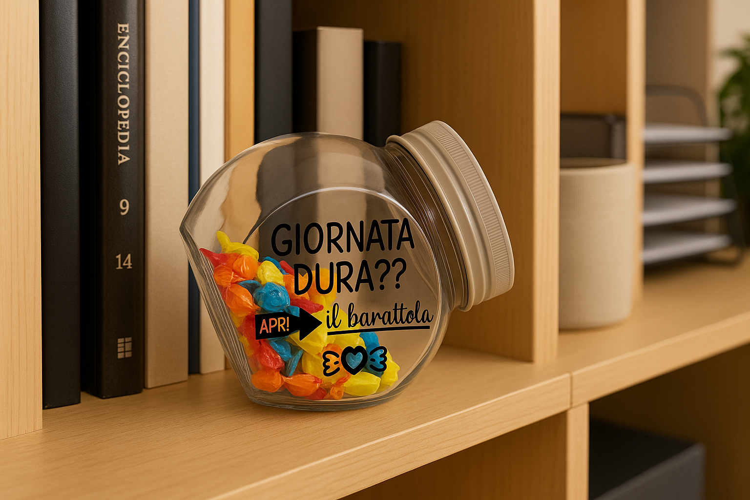 Barattolo antistress con caramelle – “Giornata dura?? Apri il barattolo”
