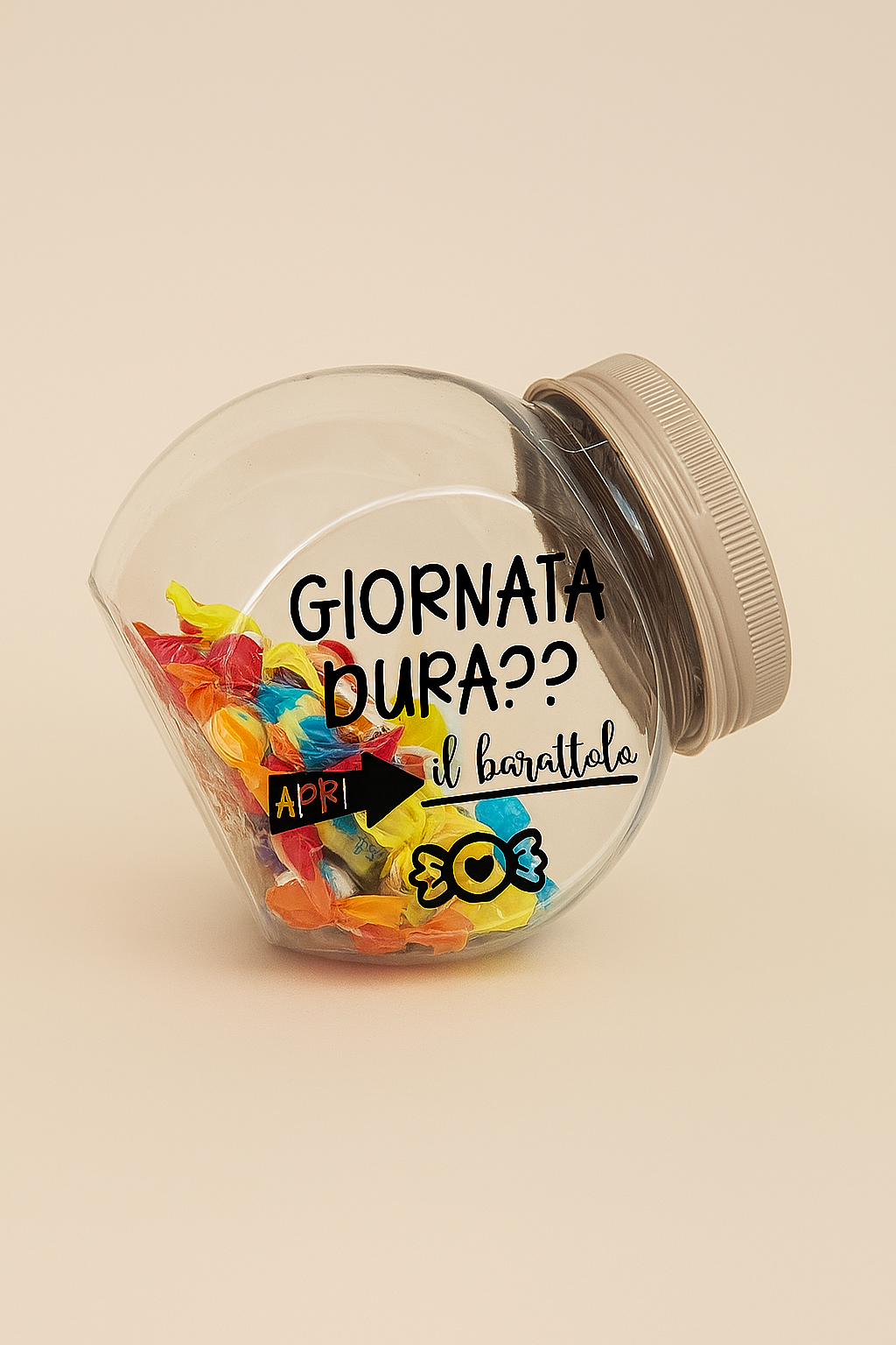 Barattolo antistress con caramelle – “Giornata dura?? Apri il barattolo”