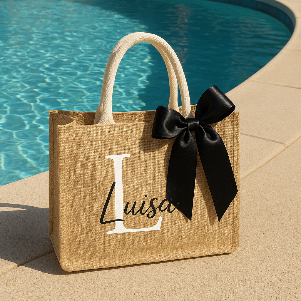 👜 Borsa in Juta Personalizzata con Iniziale e Fiocco – Decorata a Mano