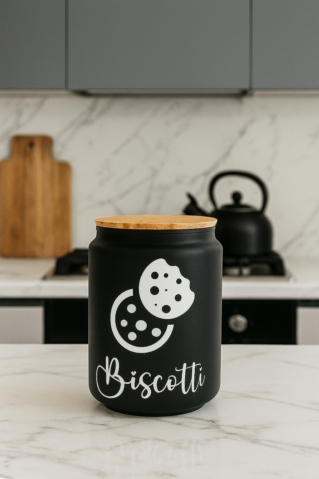 Barattolo “Biscotti” 🍪 nero opaco con coperchio in bambù – Design moderno e pratico