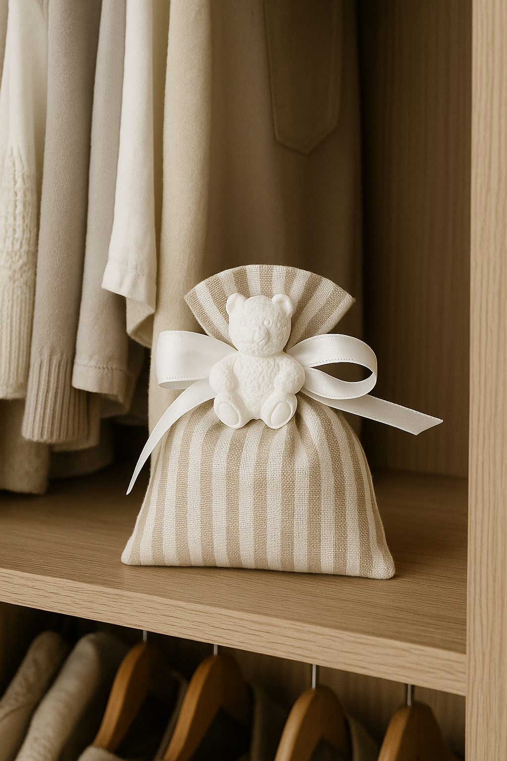 Sacchetto Profumato in Tessuto con Orsetto in Gesso – Eleganza e Dolcezza per Armadi e Cassetti