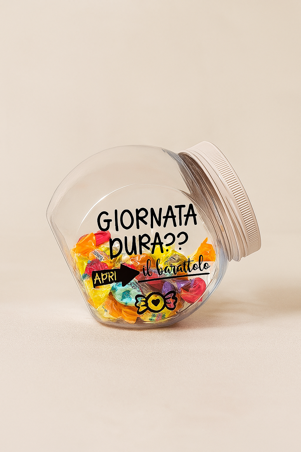 Barattolo antistress con caramelle – “Giornata dura?? Apri il barattolo”