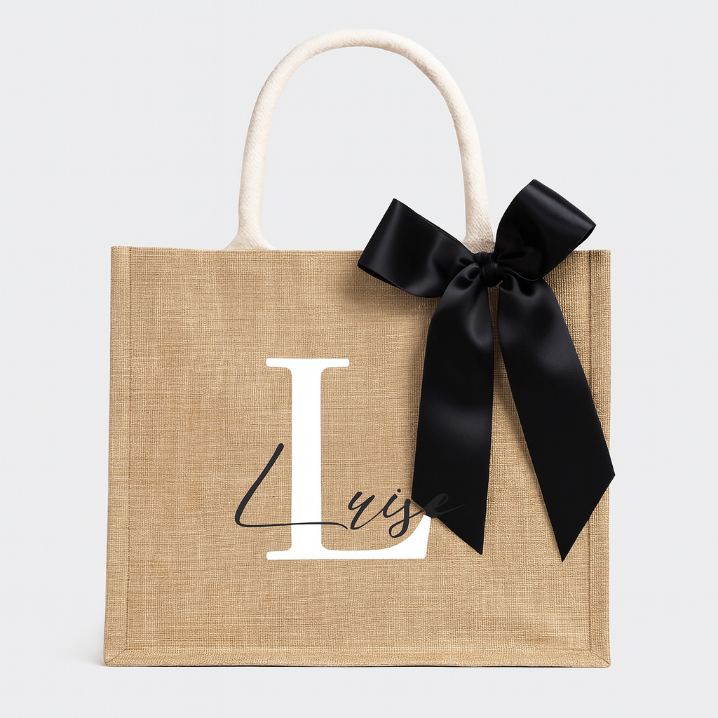 👜 Borsa in Juta Personalizzata con Iniziale e Fiocco – Decorata a Mano