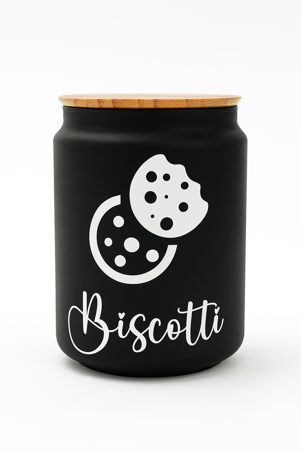 Barattolo “Biscotti” 🍪 nero opaco con coperchio in bambù – Design moderno e pratico
