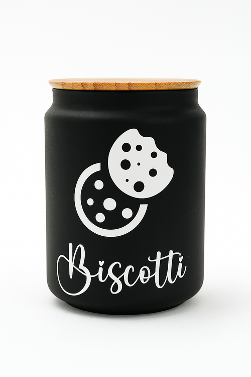Barattolo “Biscotti” 🍪 nero opaco con coperchio in bambù – Design moderno e pratico