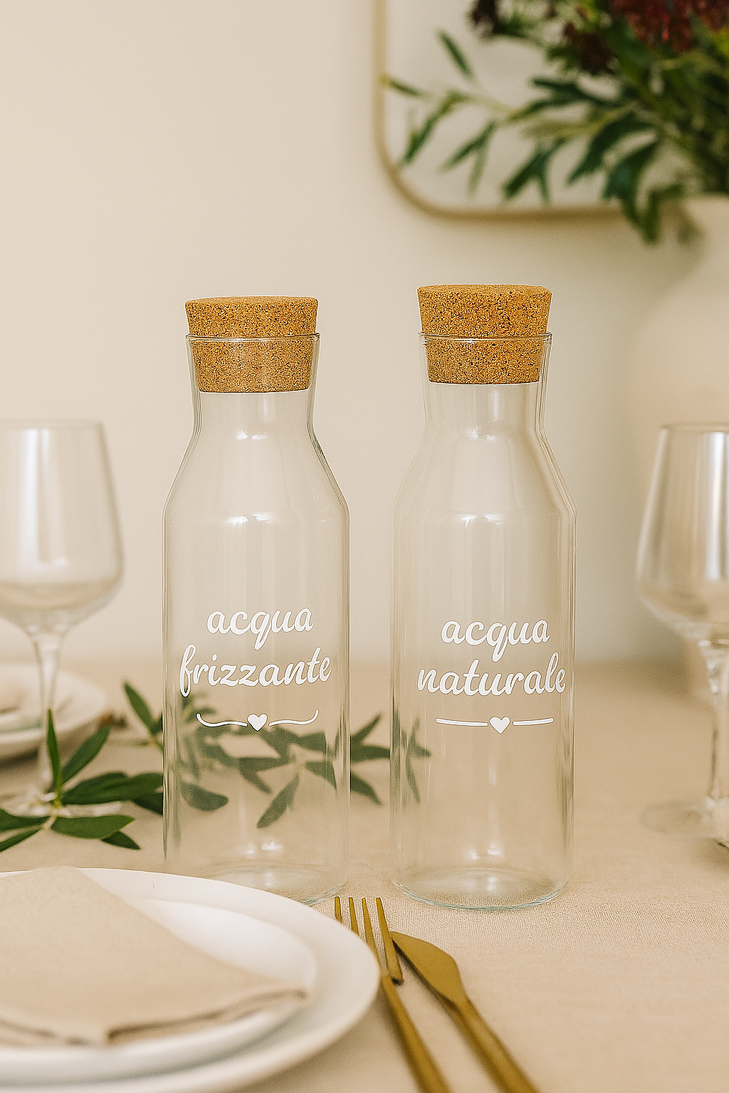 🫧 Set di Brocche in Vetro con Tappo in Sughero – Acqua Naturale & Frizzante – 1 Litro